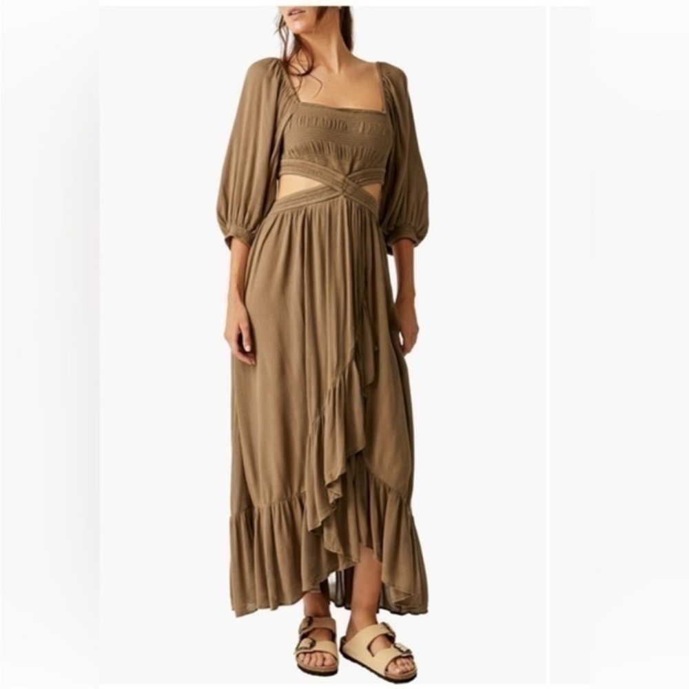 New ▶️ Free People ◀️ Cross My Heart Cutout Maxi Dress Olive Stone XS - damaged
